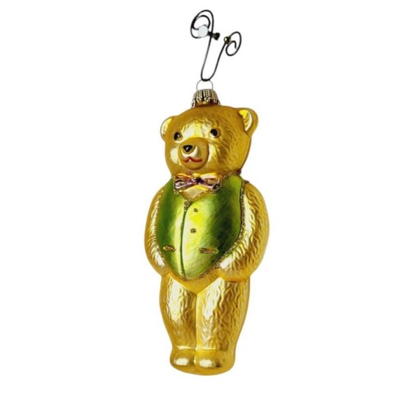 Whitehurst Mercury Glass Hand Painted Teddy Bear Green Vest Christmas Ornament - Picture 7 of 9